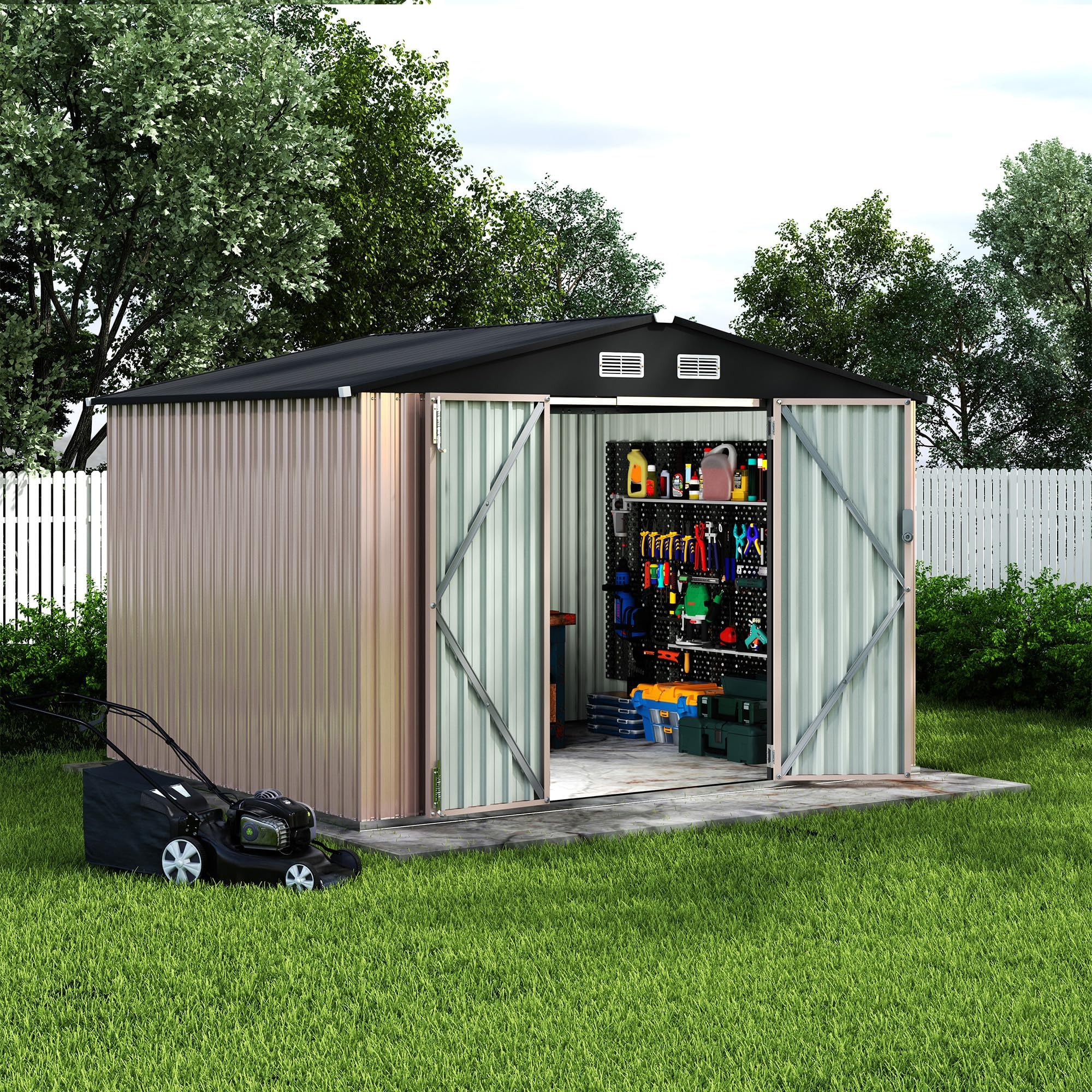 Garvee Outdoor Metal Storage Shed 8x10 FT with Lockable Doors & Air Vents, Sloped Roof, Galvanized Steel, Rustproof, Large Capacity for Garden Patio Lawn