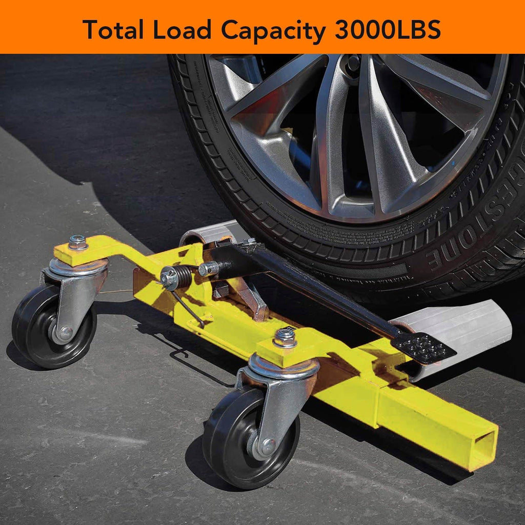 Garvee 4PCS Car Wheel Dolly with Hydraulic Tire Jack, 1500LBS Capacity, Ratcheting Foot Pedal, Stainless Steel, Adjustable for Truck RV Trailer, Yellow