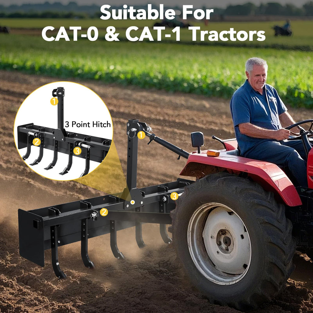 Garvee 55" Box Blade Tractor Scraper, 6 Ripper Shanks, 3 Point Hitch, Carbon Steel, Rust-Proof Coating, CAT-0 & CAT-1 Compatible, Farming & Garden Use