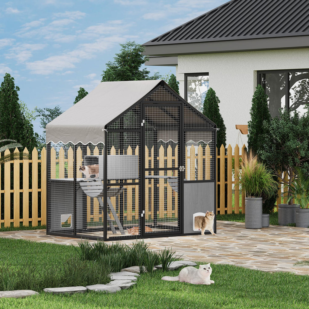 Garvee Catio Outdoor Cat Enclosure, Large Catio with Weatherproof Roof, Channels & Side Door, UV Proof Cover, Huge Condo, Platform, Aluminum Outdoor Cat Enclosure, 70"Lx48"Wx76"H