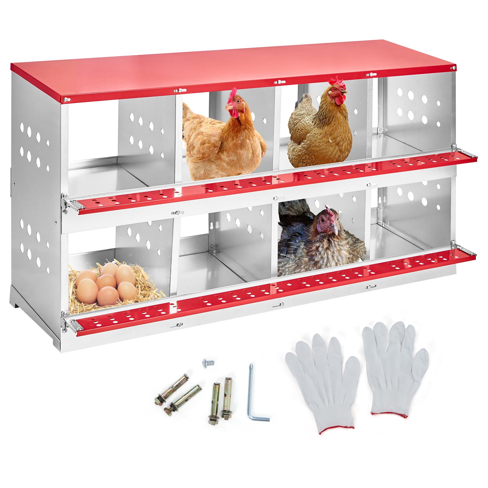 GARVEE Galvanized Steel Nesting Box - 6 Compartments w/Vented Holes, Swing Perch & Removable Dividers for Easy Coop Installation