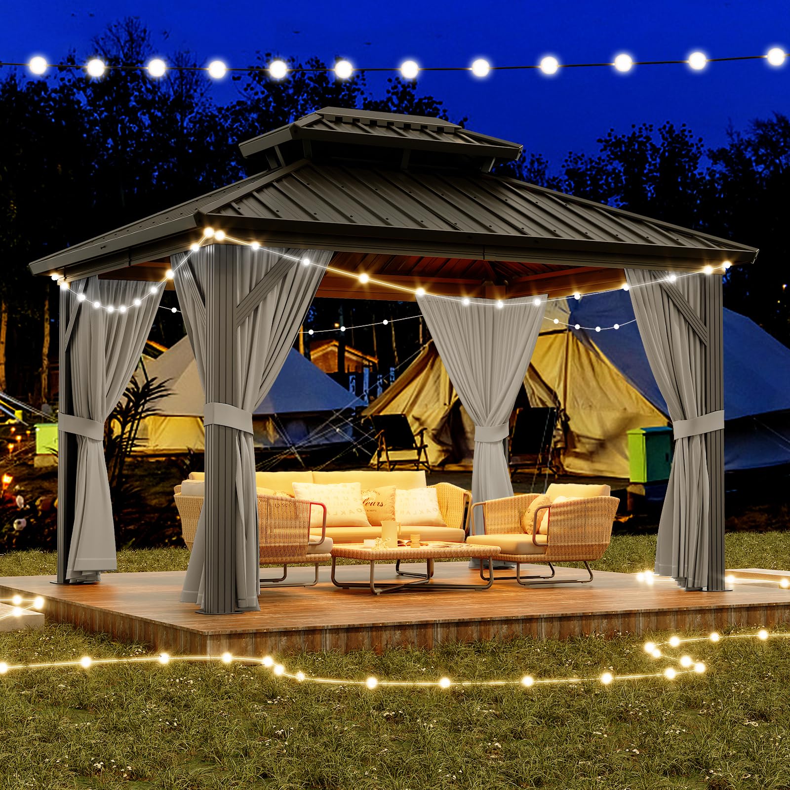Garvee 10x12ft Hardtop Gazebo Outdoor Patio Pavilion Double Roof Aluminum Frame Waterproof Curtains Netting Backyard Deck Poolside