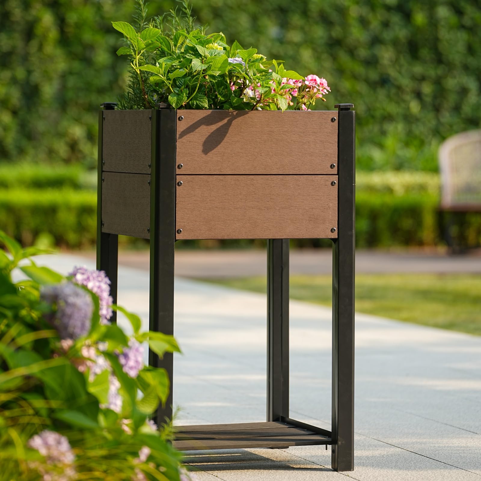 Garvee 19" × 33" HDPE Elevated Raised Garden Bed, Wood-Grain Planter Box with Black Aluminum Frame & Storage Shelf, Brown