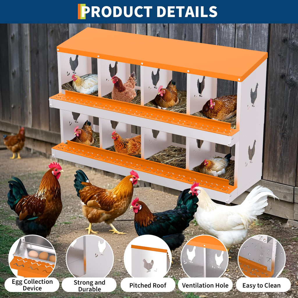 Garvee 8-Hole Chicken Nest Box Heavy Duty Galvanized Steel  Ventilation System Bioengineering Design Orange for Hens Ducks Small Poultry
