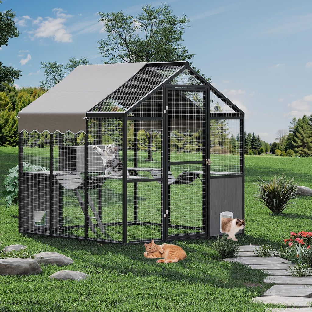 Garvee Catio Outdoor Cat Enclosure, Large Catio with Weatherproof Roof, Channels & Side Door, UV Proof Cover, Huge Condo, Platform, Aluminum Outdoor Cat Enclosure, 70"Lx72"Wx76"H
