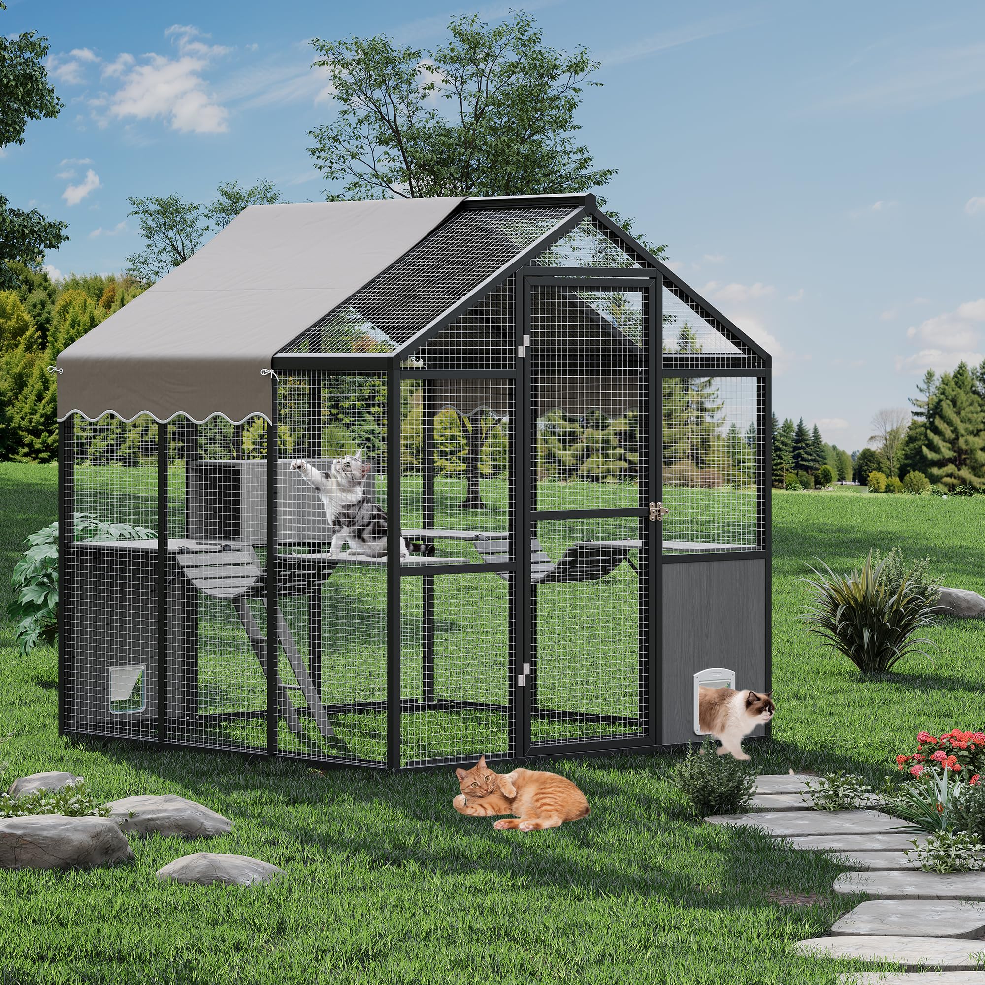 Garvee Catio Outdoor Cat Enclosure, Large Catio with Weatherproof Roof, Channels & Side Door, UV Proof Cover, Huge Condo, Platform, Aluminum Outdoor Cat Enclosure, 70"Lx72"Wx76"H