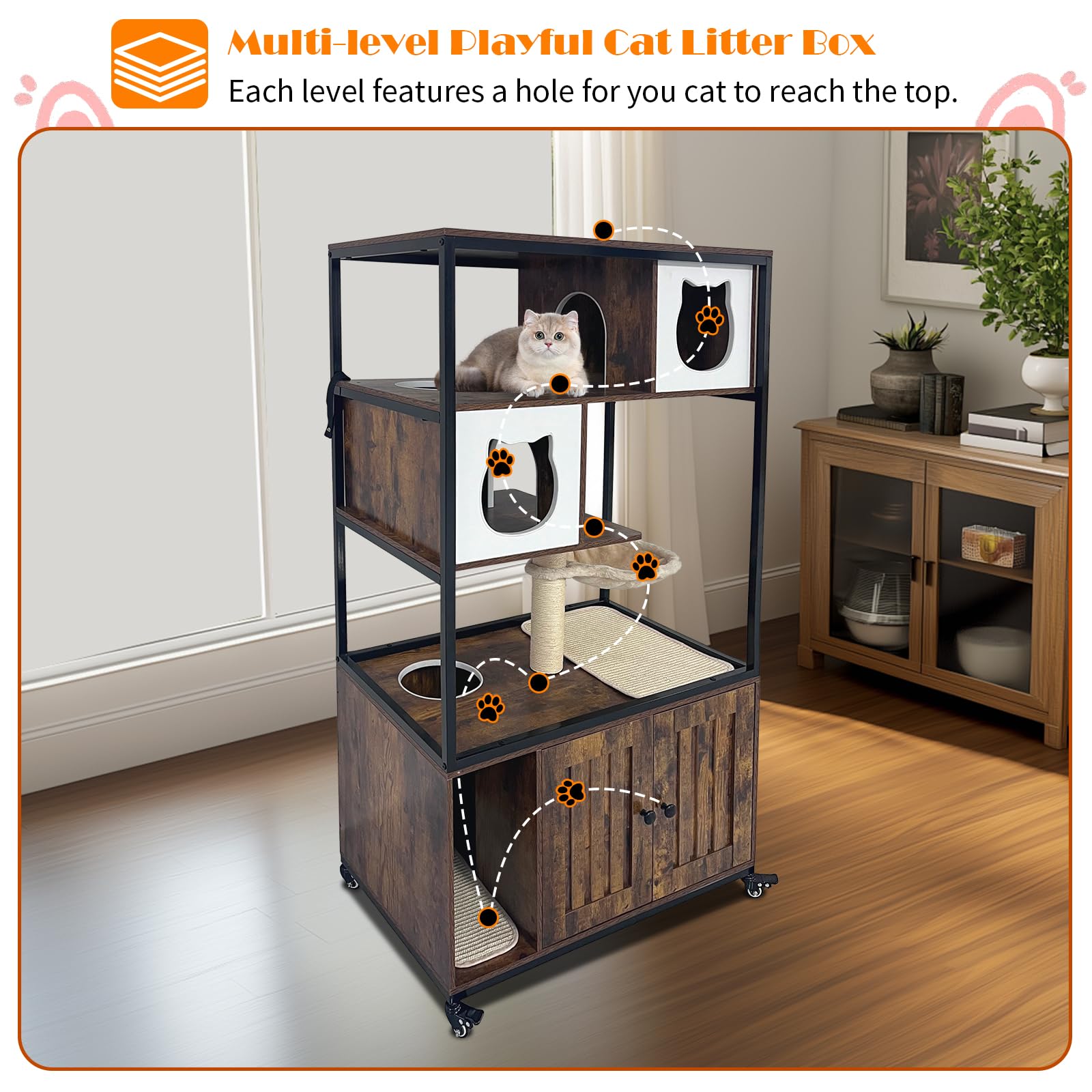 Garvee Cat Litter Box Enclosure Hidden Litter Box Multi-Level Play Area Durable Particleboard Metal Frame Anti-Tip Kit Wheels Indoor Cat Furniture