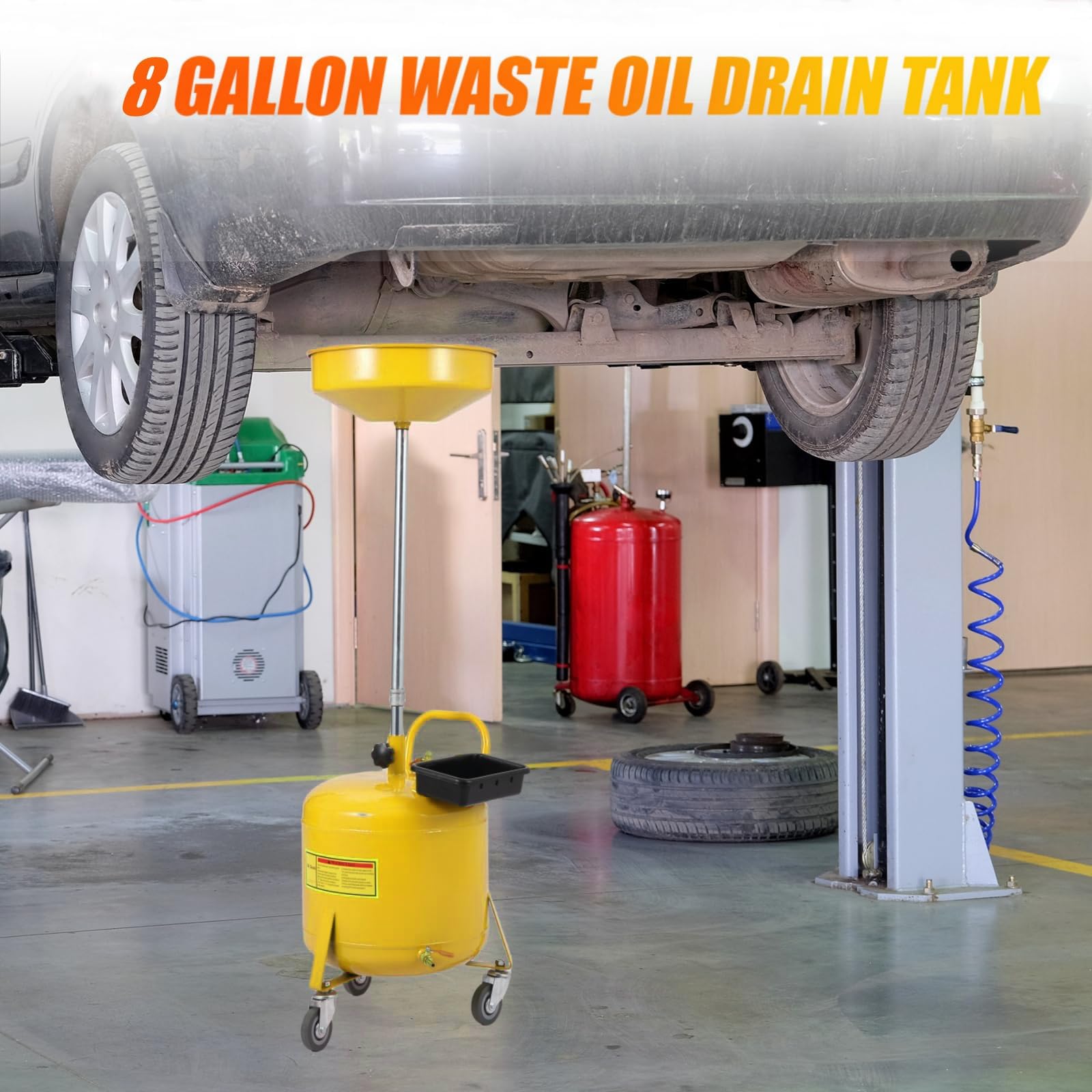 Garvee 8 Gal Portable Waste Oil Drain Change Tank, 15 in Funnel, Adjustable Height 28"-62", 360° Wheels, Built-in Toolbox for Easy Use, Yellow