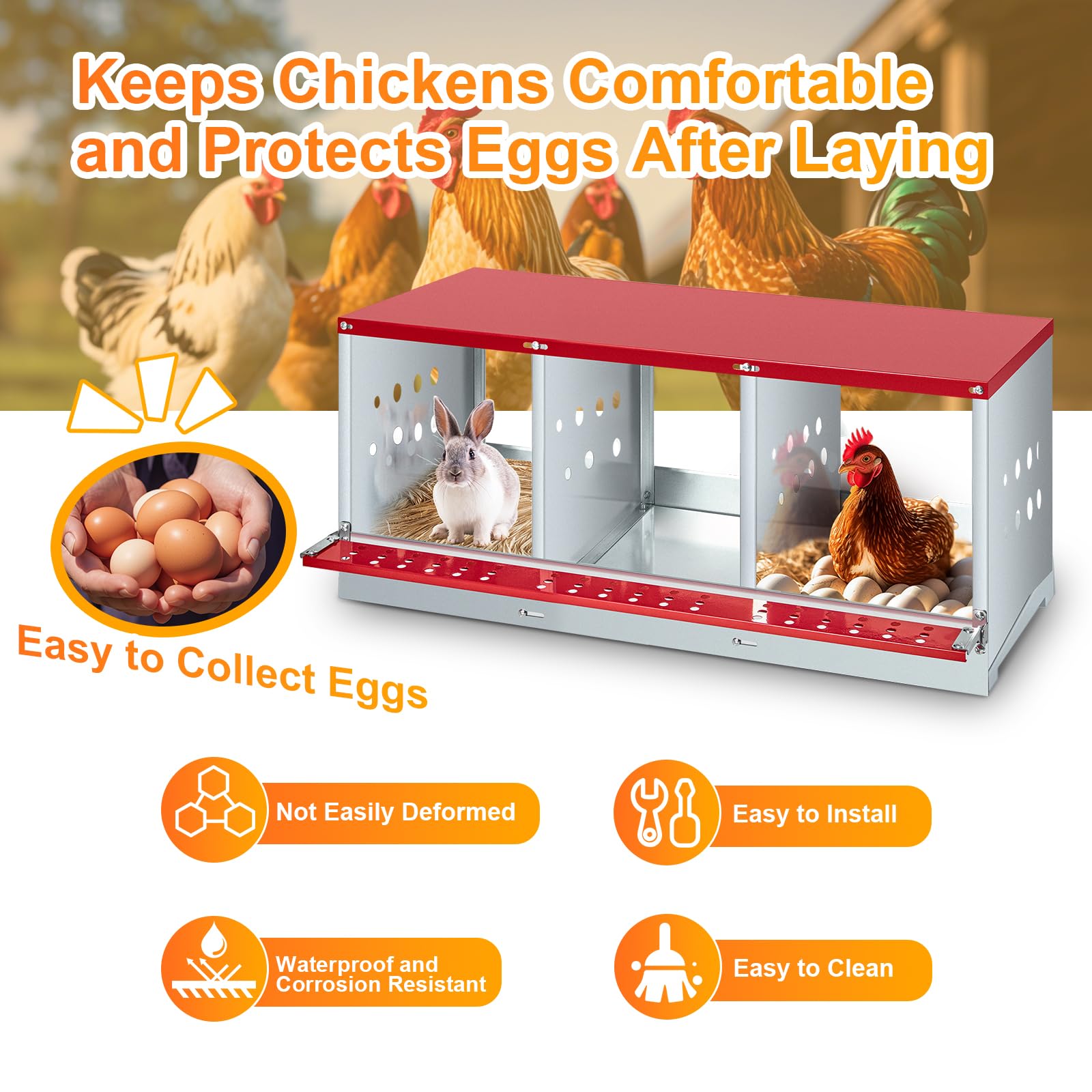 GARVEE 3-Compartment Galvanized Steel Nesting Box - Easy Egg Collection, Ventilated Design for Hens/Ducks/Rabbits Backyard Coop