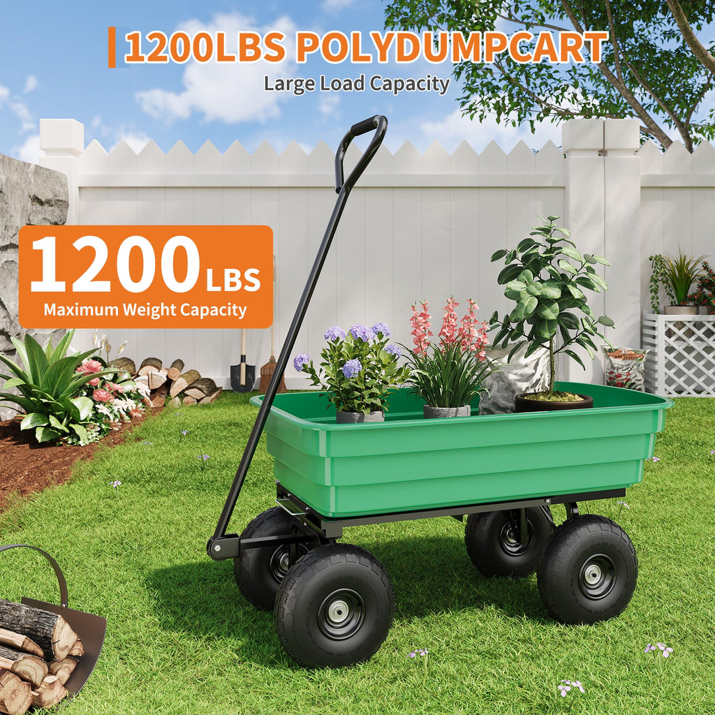 Garvee 1200 lb All-Terrain Yard Wagon, Heavy-Duty Garden Cart with Quick Dump Poly Bed, Adjustable Handle & Pneumatic Tires for Soil, Mulch, Plants & Tools