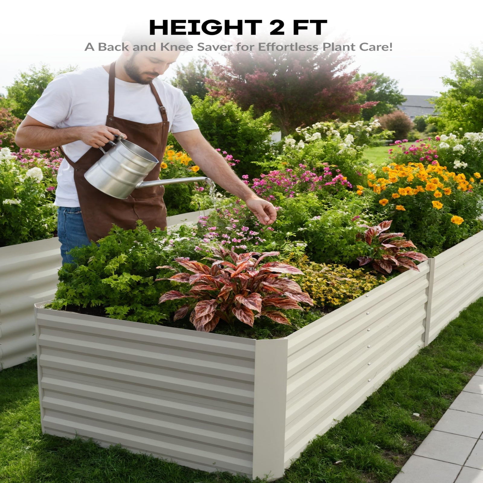 Garvee 6' × 3' × 2' Galvanized Raised Garden Bed, 24" Tall 0.5 mm Steel Planter with Open Bottom & X-Brace, Beige