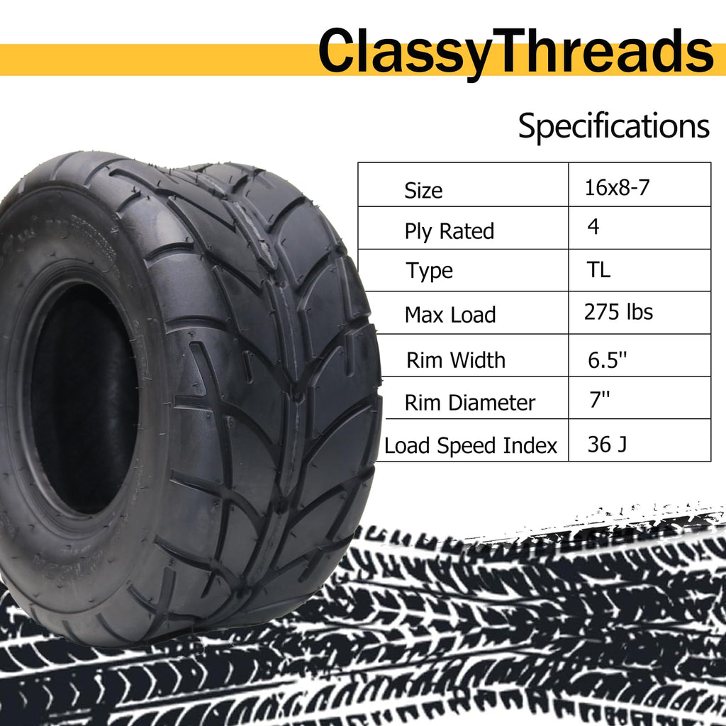 Garvee Set of 2 ATV Tires 16X8-7 4PR All-Terrain Tubeless Nylon 4-Ply Off-Road Mud Sand Trail