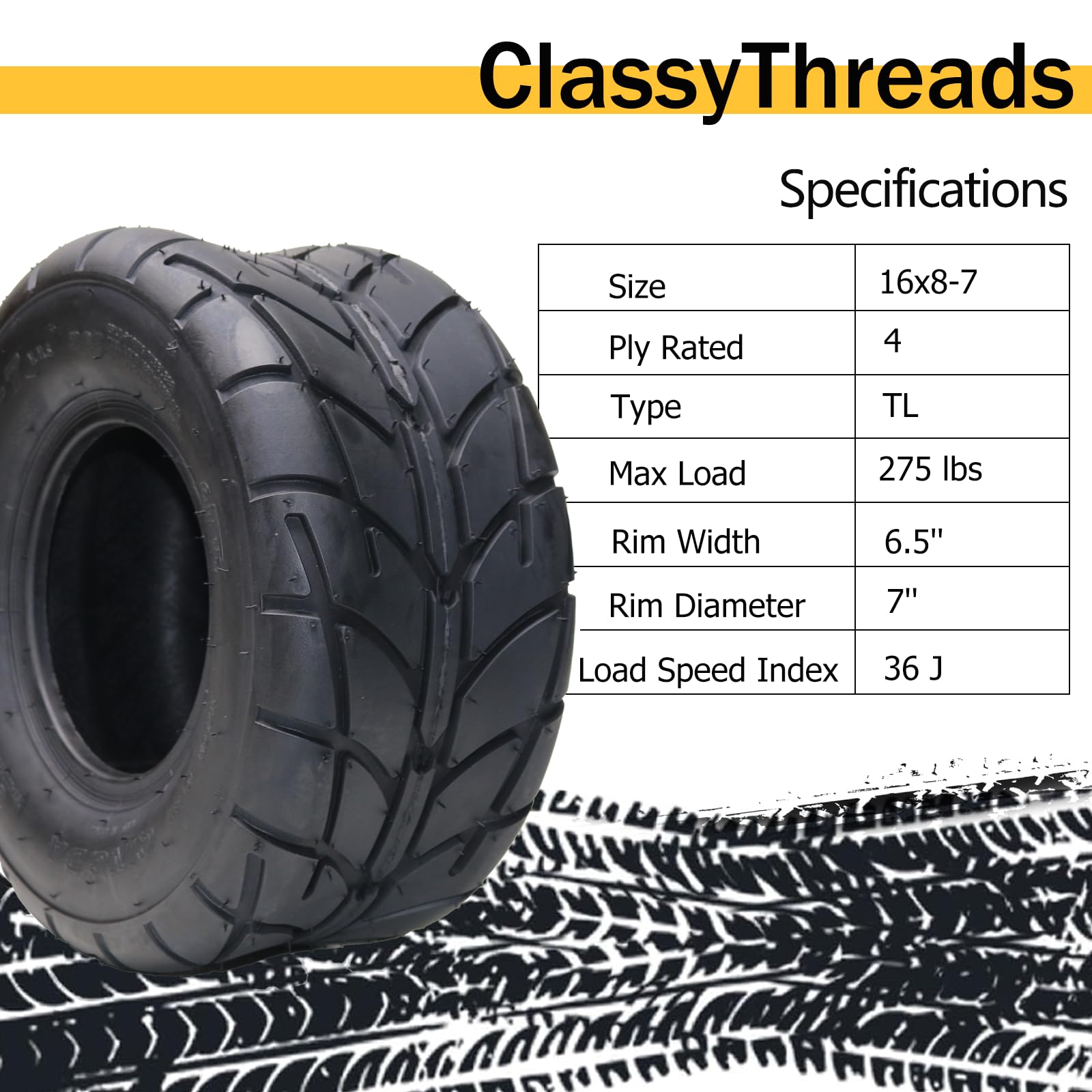 Garvee Set of 2 ATV Tires 16X8-7 4PR All-Terrain Tubeless Nylon 4-Ply Off-Road Mud Sand Trail