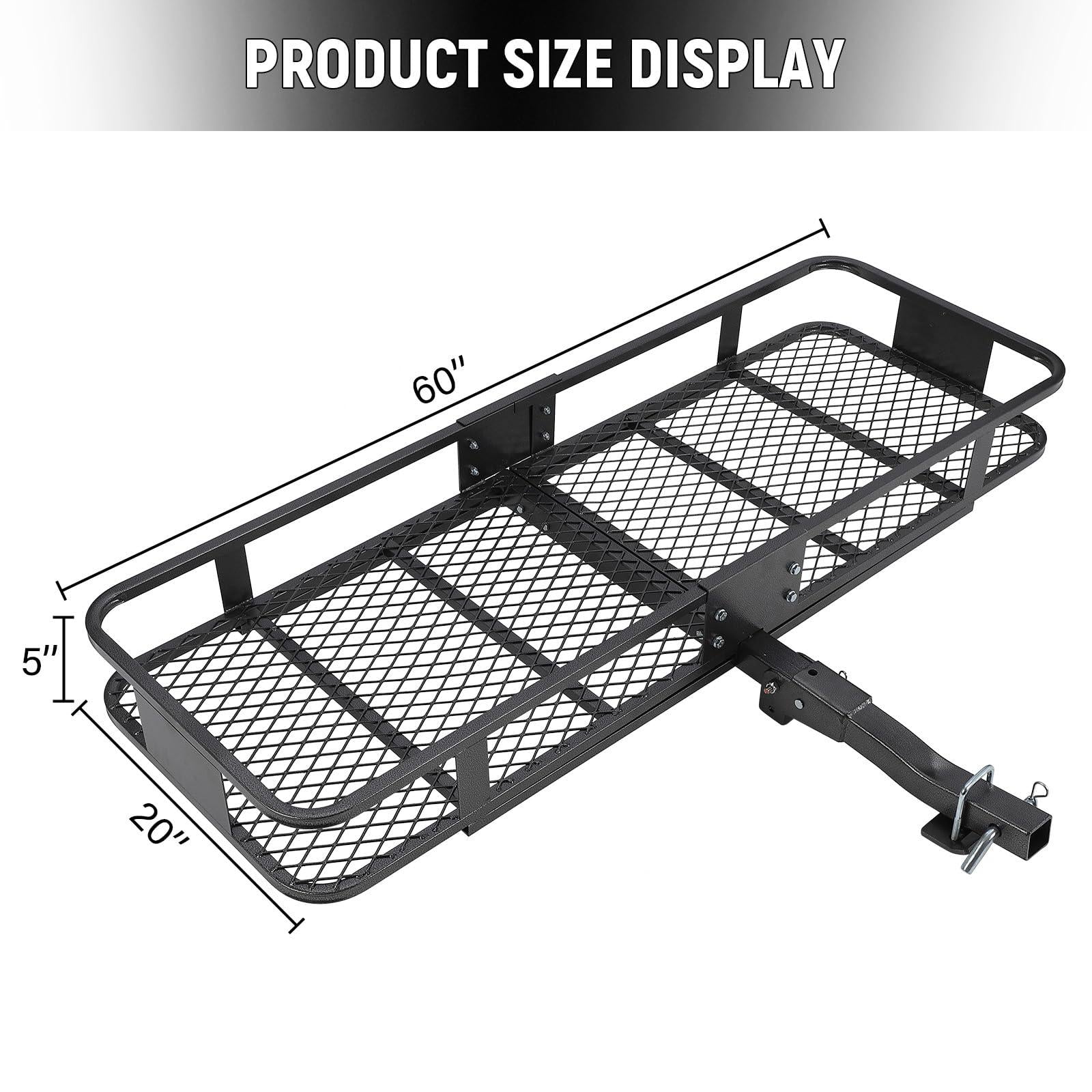 Garvee Hitch Basket Cargo Carrier 60x20x5, Heavy Duty 200 lbs, Black Steel, 2" Hitch Shank, Rust-Resistant PU Coating, Easy Install, Outdoor Travel