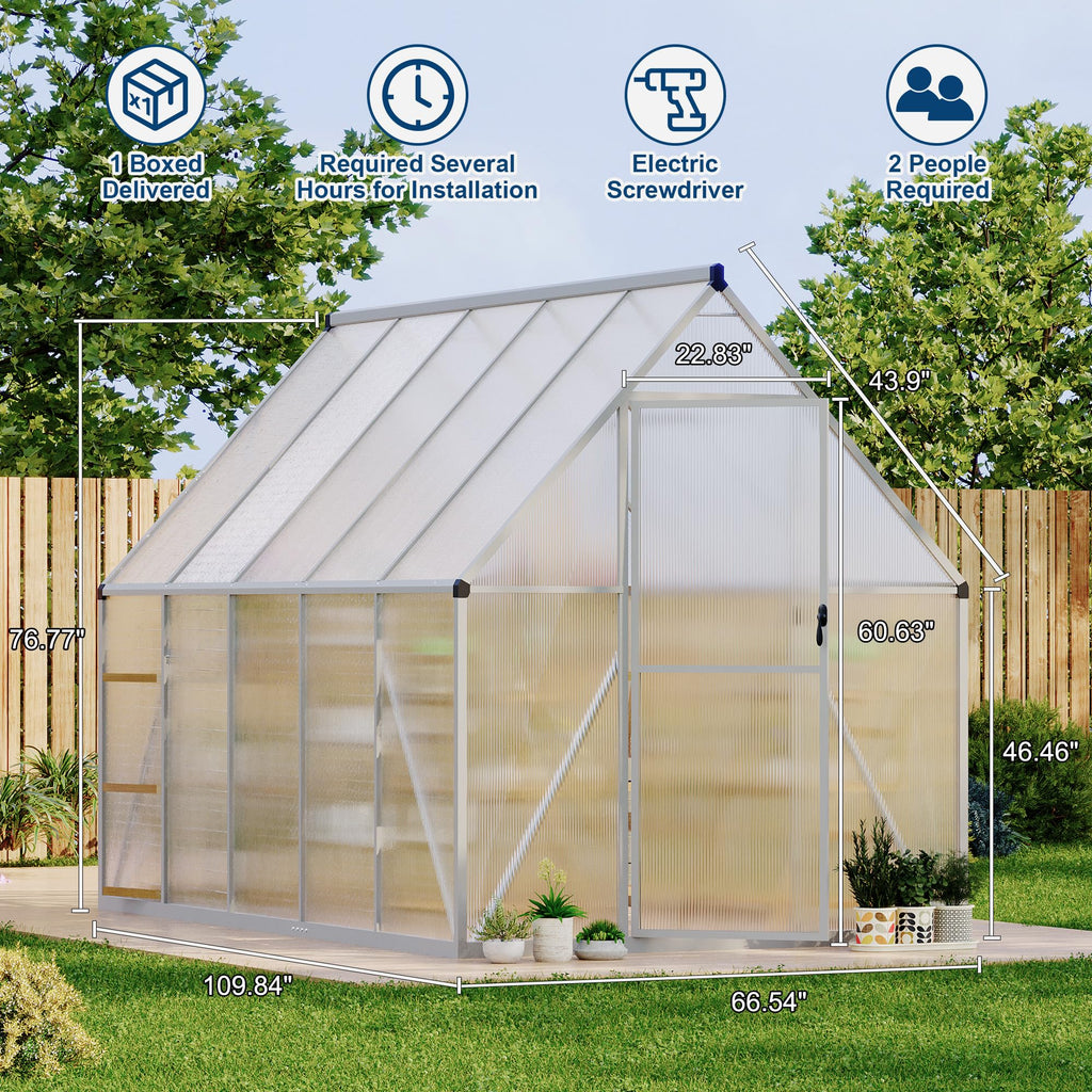 Garvee Heavy Duty 6x9 FT Aluminum Polycarbonate Walk-In Greenhouse - Double Swing Doors, Roof Vent, Rain Gutter, High Wind Resistant, Quick Setup, for Outdoor Garden, Silver