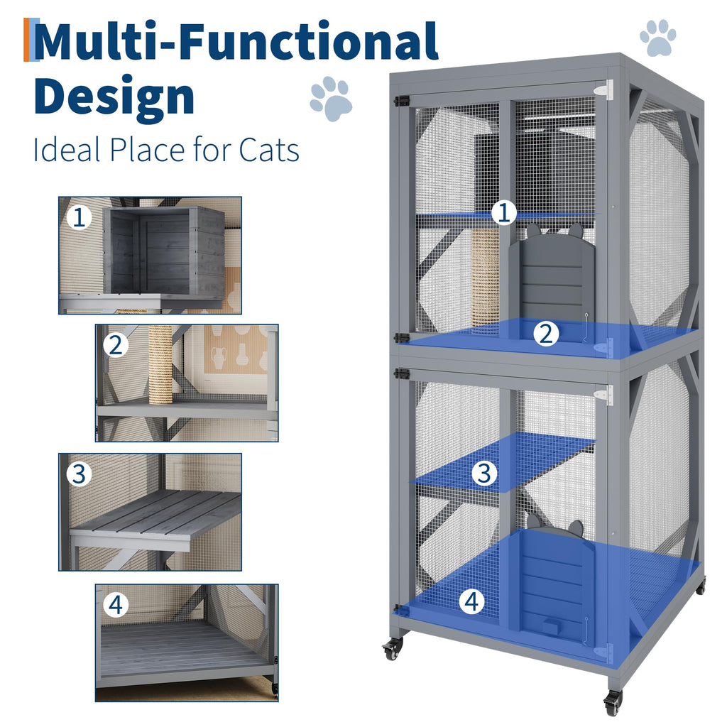 Garvee 4 Tier Wood Catio Outdoor Window Cat Enclosure with Scratch Post & Resting Box, Weatherproof Roof, Lockable Casters, Dual Sliding Doors, Indoor-Outdoor Playpen