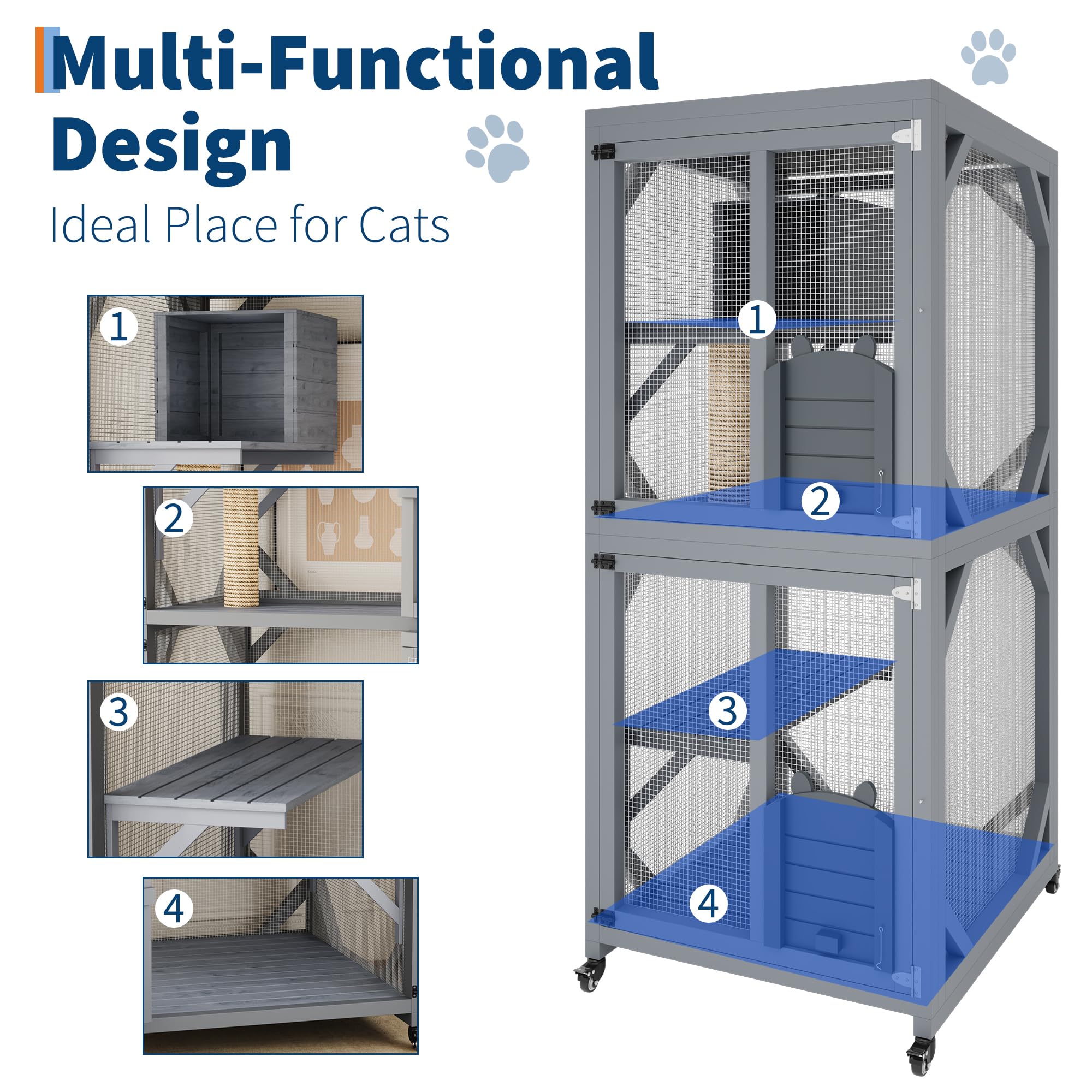 Garvee 4 Tier Wood Catio Outdoor Window Cat Enclosure with Scratch Post & Resting Box, Weatherproof Roof, Lockable Casters, Dual Sliding Doors, Indoor-Outdoor Playpen