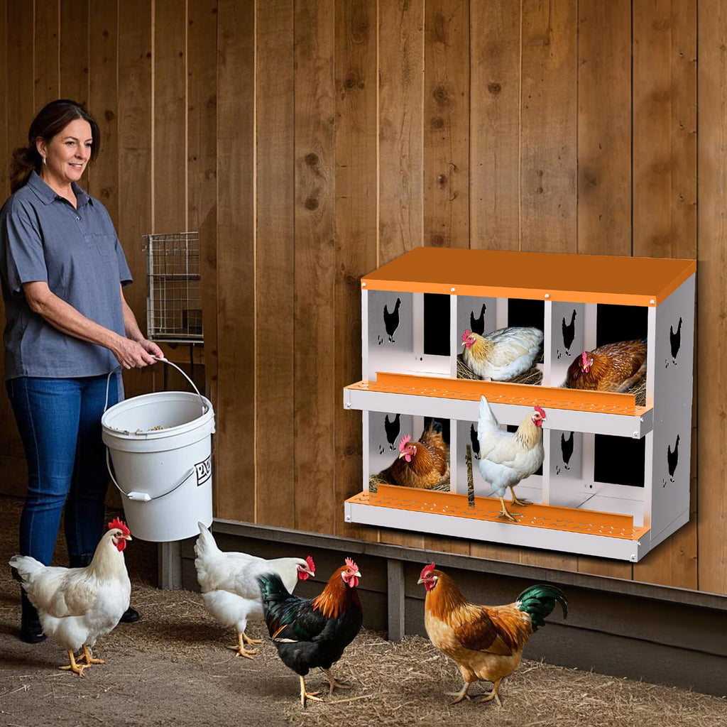 Garvee 6-Hole Chicken Nesting Box Galvanized Steel Rustproof Automatic Egg Collection Ventilated Easy Install Wall or Freestanding for Chicken Coop Orange