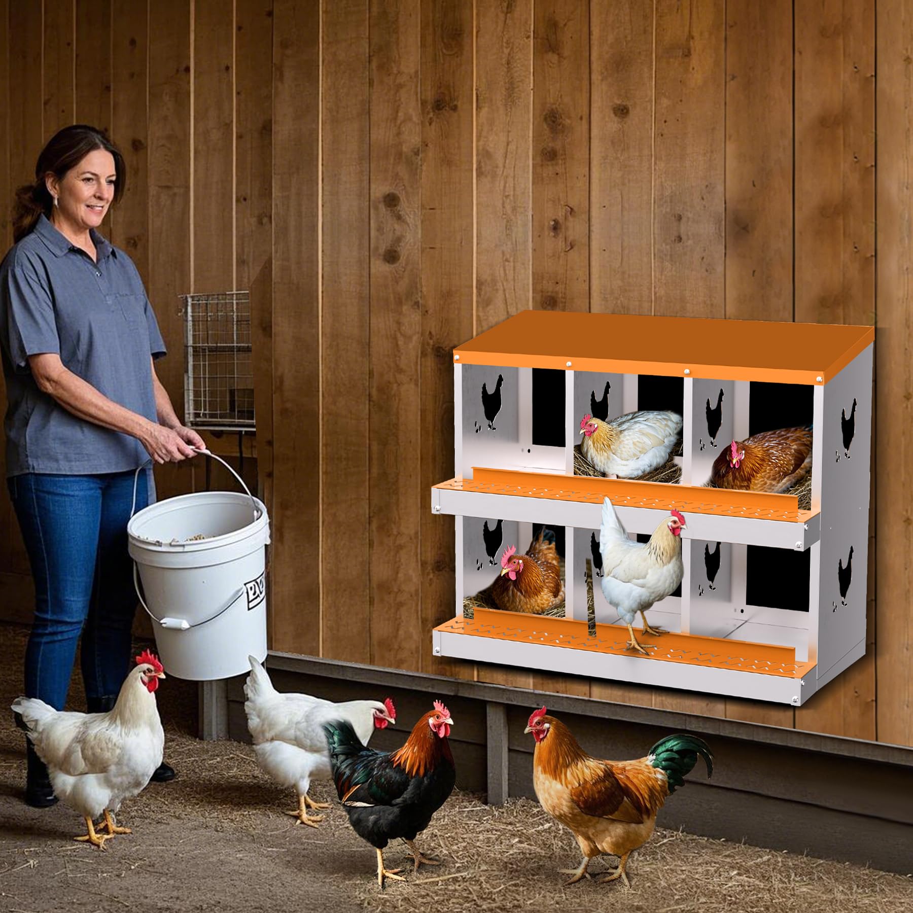 Garvee 6-Hole Chicken Nesting Box Galvanized Steel Rustproof Automatic Egg Collection Ventilated Easy Install Wall or Freestanding for Chicken Coop Orange