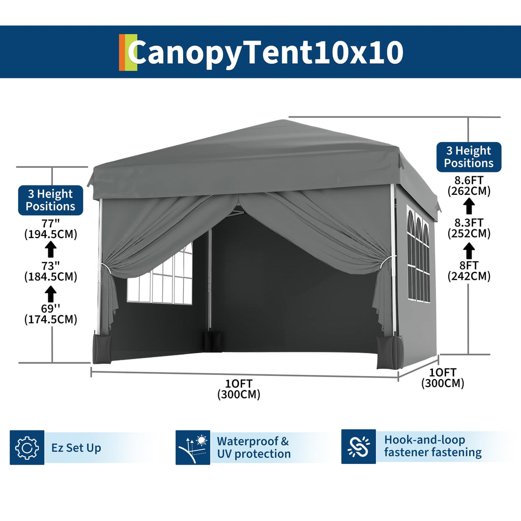 Garvee 10x10 Pop Up Canopy Tent Waterproof Portable with Full Truss Frame, UPF 50+ Fabric, Adjustable Height, Sandbags & Stakes for Camping & Beach