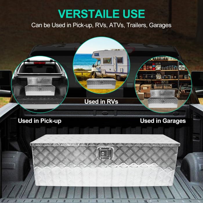 Garvee 48 Inch Aluminum Truck Tool Box, Diamond Plate Trailer Pickup Atv Truck Bed Storage Toolboxes w/Lock & 2 Keys, Rectangle, Silver