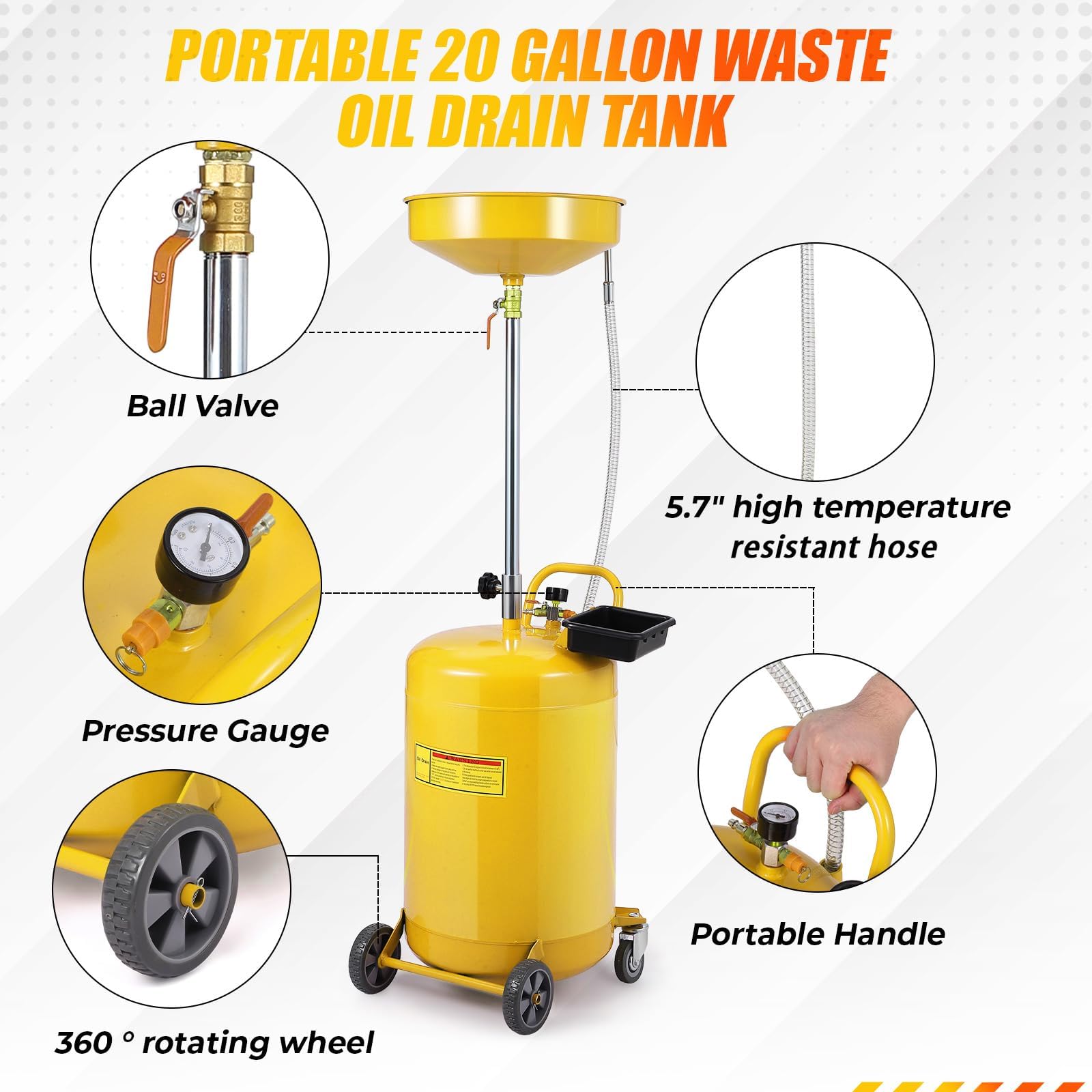 Garvee 20 Gallon Waste Oil Drain Tank Portable Air-Operated Adjustable Height Steel Oil Drainer with Wheels Automotive Workshop Use