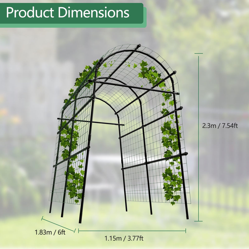 Garvee 7.5FT Garden Arch Trellis with Netting, Adjustable Metal Plant Support for Climbing Vines, Roses, Cucumbers & Raised Beds, Black