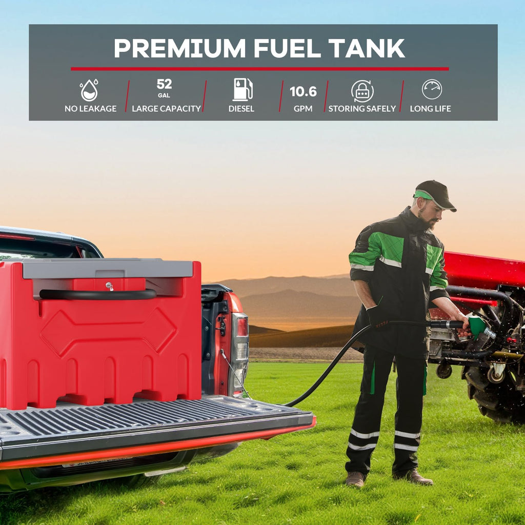 Garvee 52 Gallon Portable Diesel Fuel Tank with 12V Electric Pump, 10 GPM Flow, Durable PE Material, Auto Shut-Off Nozzle, 13ft Hose, Forklift Compatible for Agriculture