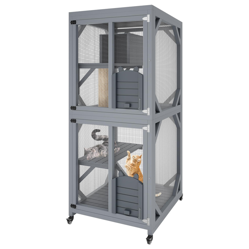 Garvee 4 Tier Wood Catio Outdoor Window Cat Enclosure with Scratch Post & Resting Box, Weatherproof Roof, Lockable Casters, Dual Sliding Doors, Indoor-Outdoor Playpen