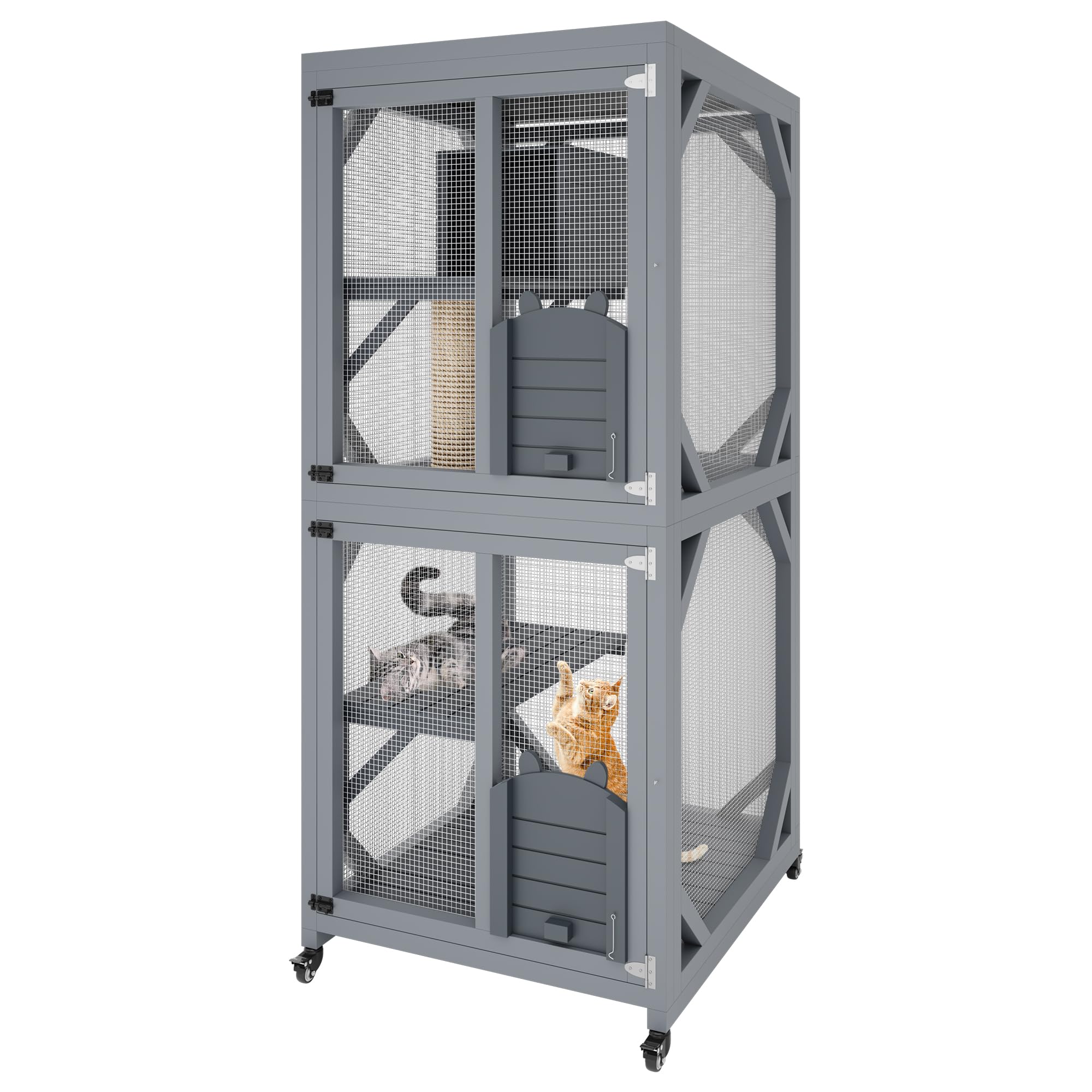 Garvee 4 Tier Wood Catio Outdoor Window Cat Enclosure with Scratch Post & Resting Box, Weatherproof Roof, Lockable Casters, Dual Sliding Doors, Indoor-Outdoor Playpen