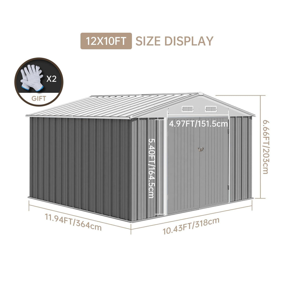 Garvee 12x10 Ft Outdoor Storage Shed Metal Tool Shed with Lockable Door Waterproof Sloped Roof Galvanized Steel for Garden Patio Lawn Poolside