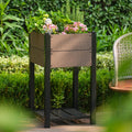 Garvee 19" × 33" HDPE Elevated Raised Garden Bed, Wood-Grain Planter Box with Black Aluminum Frame & Storage Shelf, Brown