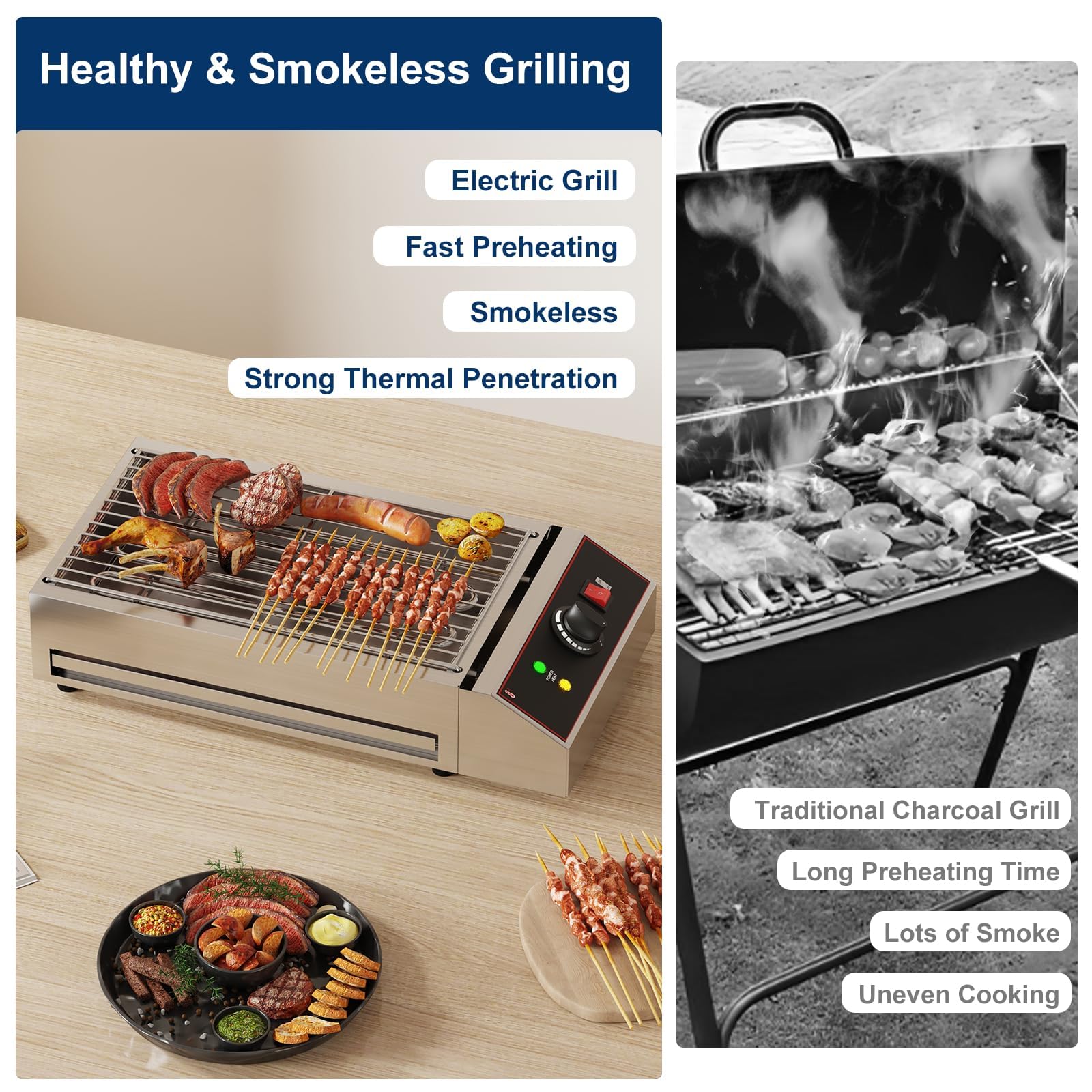 Garvee Indoor Electric Grill Smokeless 1800W Rapid Heat Stainless Steel Removable Griddle Adjustable Temp 122°F-572°F Family Dinners Camping