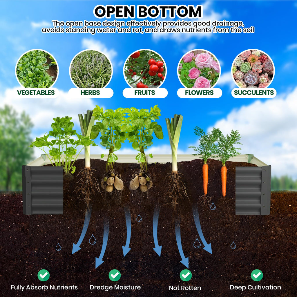 Garvee Galvanized Raised Garden Bed 6x3ft Metal Wave Design Heavy-Duty Steel Open Bottom Drainage Multiple Heights Outdoor Gardening