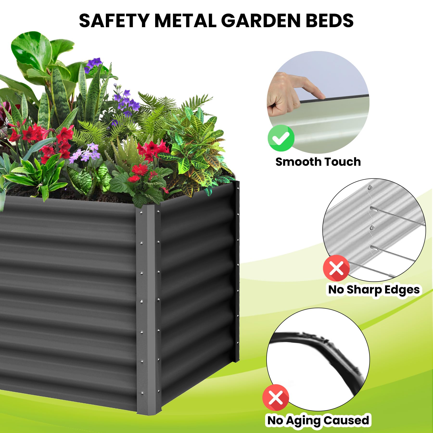 Garvee Raised Garden Bed Set of 2 6x3x2FT Galvanized Metal Durable Stability Open Base Safety Edge Dark Gray for Patios Yards Gardens