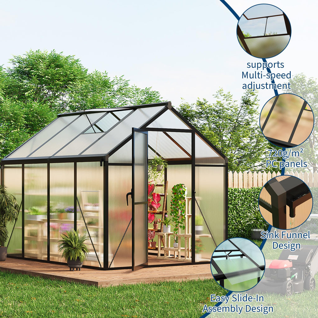 Garvee 6x8 FT Polycarbonate Greenhouse for Outdoors with Roof Vent & Lockable Push Door, Aluminum Frame, Ground Nails, Rain Gutters, Large Walk-in for Garden Patio Lawn