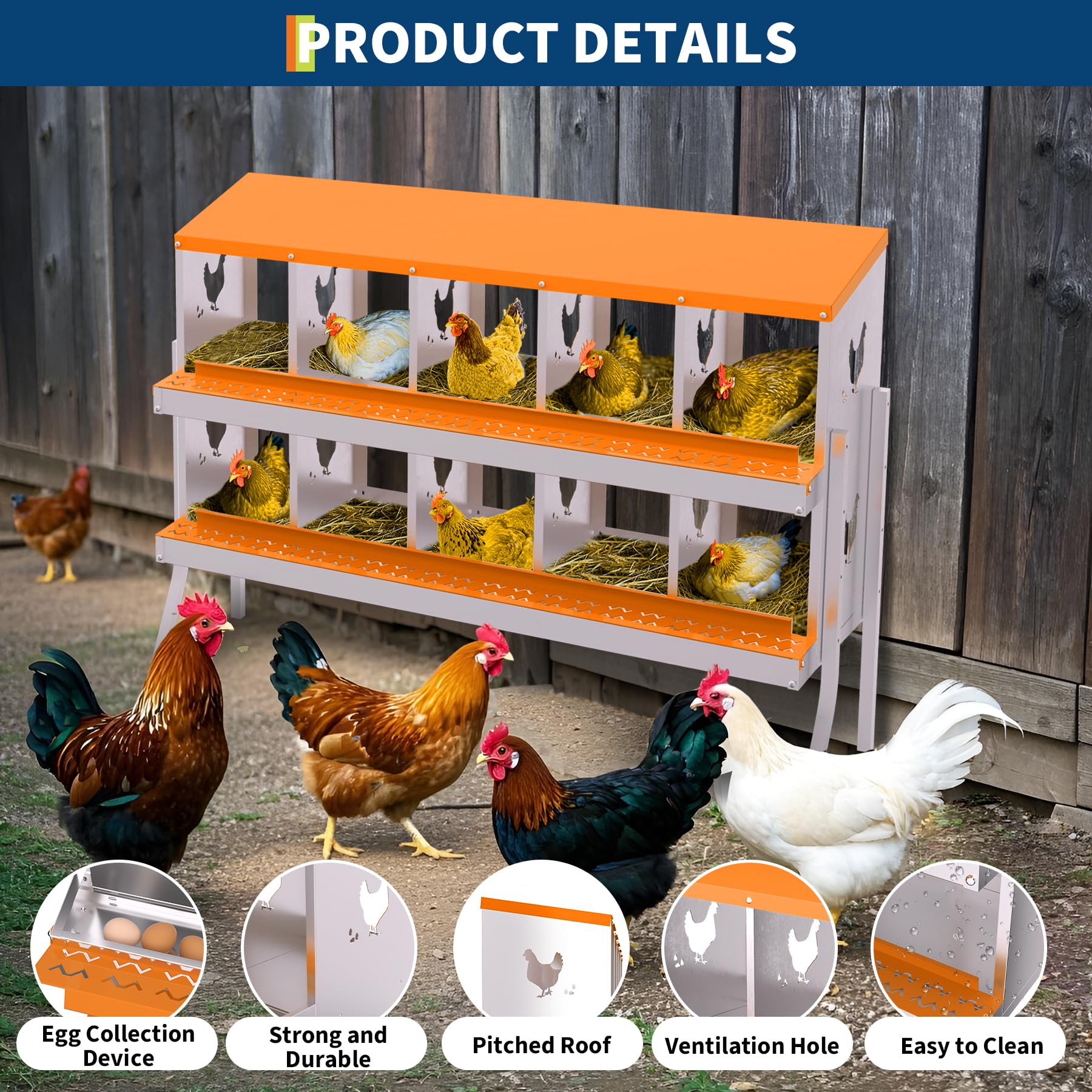 Garvee 10-Hole Bracket Legs Chicken Nesting Box Galvanized Steel Rustproof Automatic Egg Collection Ventilated Easy Install Wall or Freestanding for Chicken Coop Orange