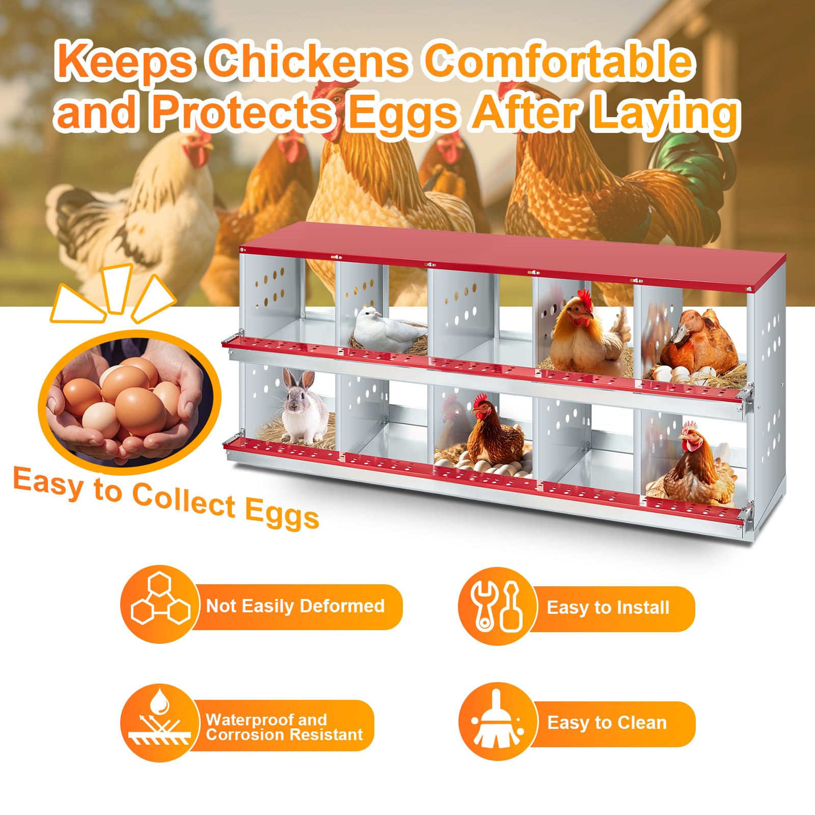 Garvee 10-Compartment Chicken Nesting Box Galvanized Steel Roll-Away Egg Collection Perching Bar Heavy Duty for Chicken Coops