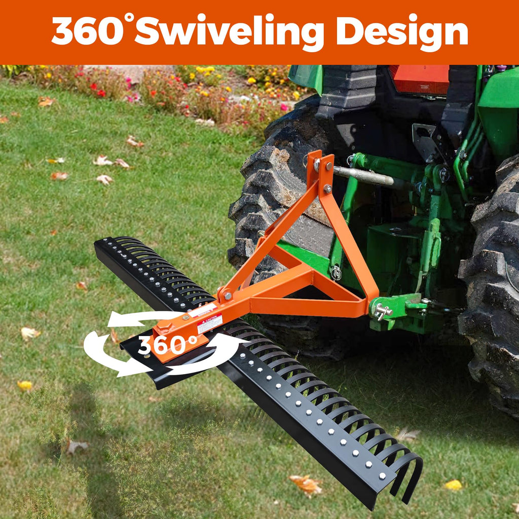 Garvee 6 FT Landscape Rake for Tractors with 36 Steel Tines, 3-Point Connector, Rust-Resistant Steel, Fits Cat 1/2, Yard & Farm Use