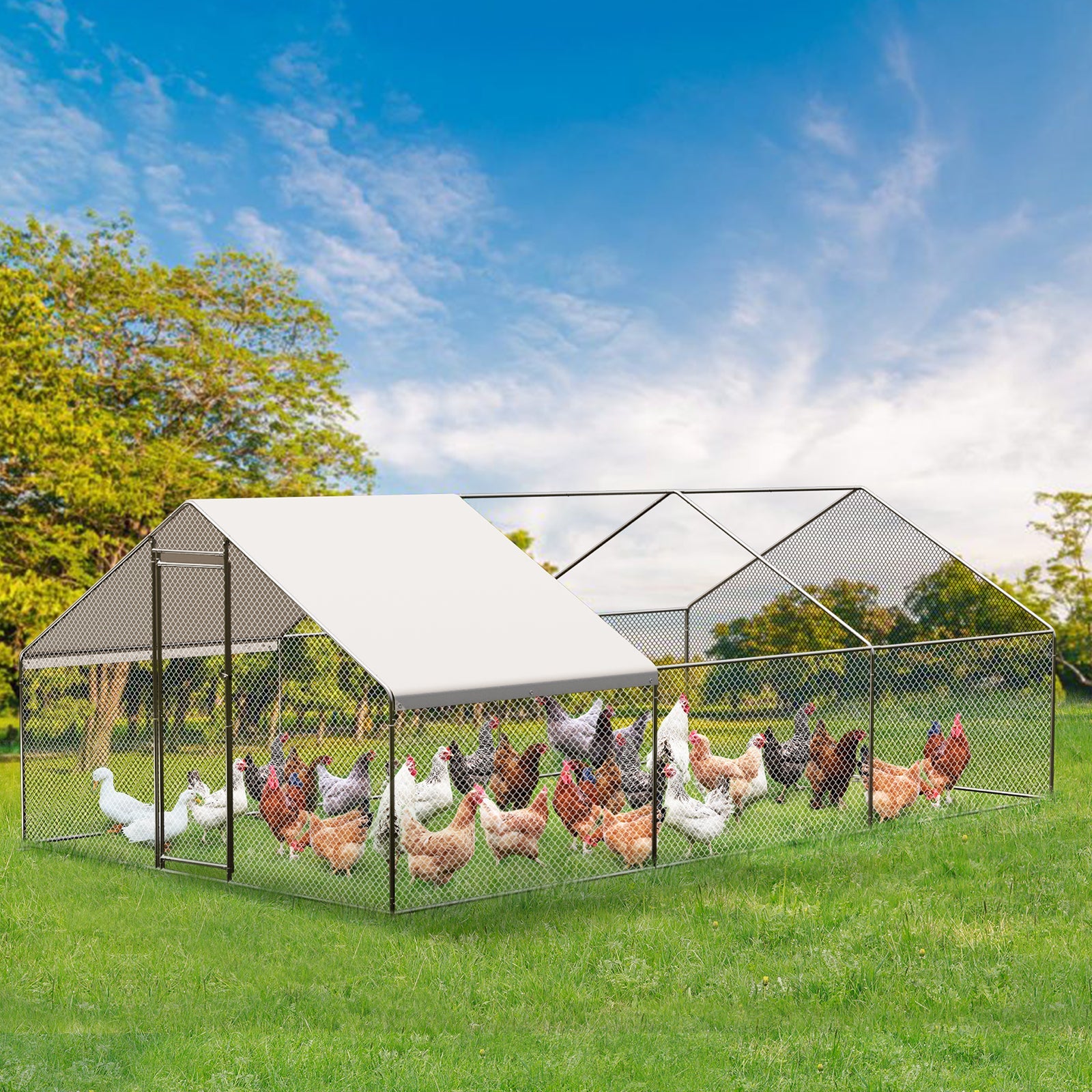 Garvee Large Metal Chicken Coop, Walk-in Poultry Cage, Chicken House with Waterproof and Anti-Ultraviolet Cover for Outdoor Yard Farm Silver - 9.8*19.7*6.6FT