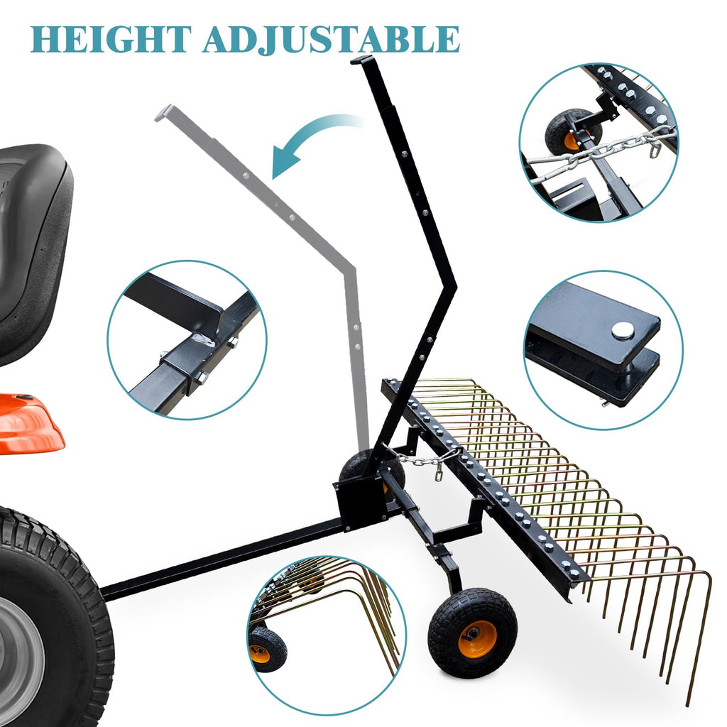 Garvee 60" Tow Behind Dethatcher with 24 Steel Tines, Pneumatic Tires, Alloy Steel, Lift Handle, Pin Hitch for Lawn Tractor, Garden and Farm Use