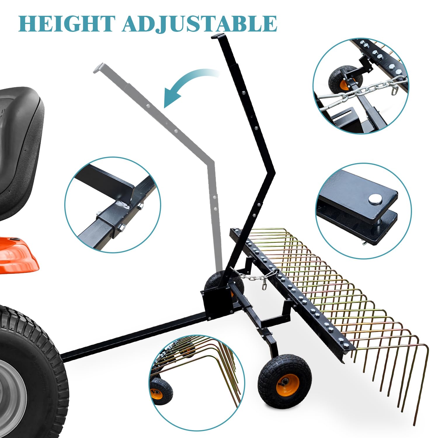 Garvee 60" Tow Behind Dethatcher with 24 Steel Tines, Pneumatic Tires, Alloy Steel, Lift Handle, Pin Hitch for Lawn Tractor, Garden and Farm Use