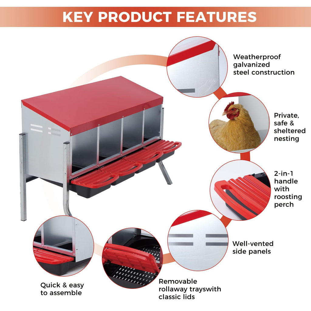Garvee Heavy-Duty Metal Chicken Nesting Box for Easy Egg Collection - 4 Compartments with Removable Trays - Wall Mount or Stand - Ideal for Backyard Poultry, Red, Four Grids + Bracket