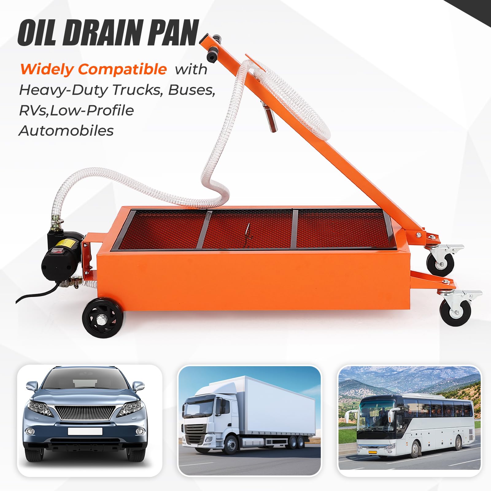 Garvee Oil Drain Pan 20 Gallon Low Profile, 12V Electric Pump, 8.2 Ft Hose T Folding Handle, for Truck RV Bus Oil Change, Orange