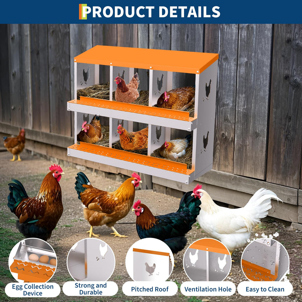 Garvee 6-Hole Chicken Nesting Box Galvanized Steel Rustproof Automatic Egg Collection Ventilated Easy Install Wall or Freestanding for Chicken Coop Orange