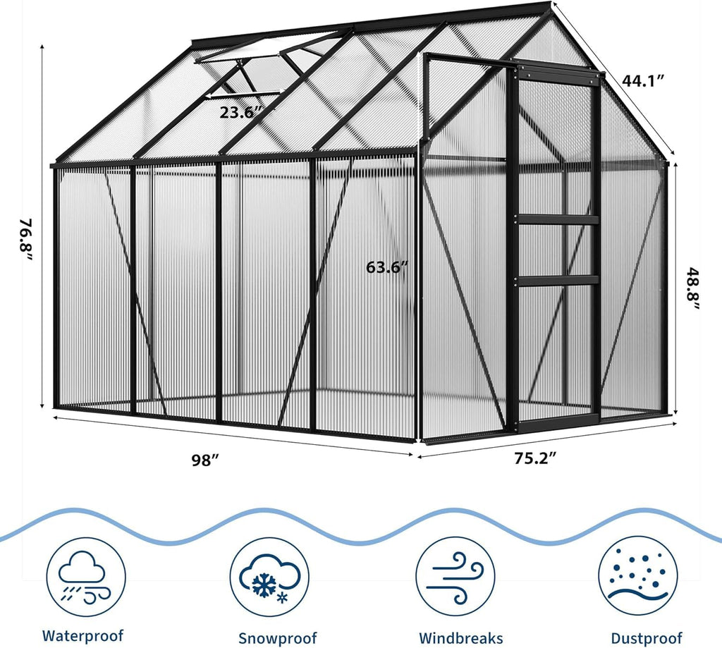 Garvee Large Polycarbonate Greenhouse for Outdoors - Durable Aluminum Frame, Sliding Lockable Door, Roof Vent, Ground Stakes - Ideal for Backyard, Patio, Lawn - 6x8 FT - Black Oxidation