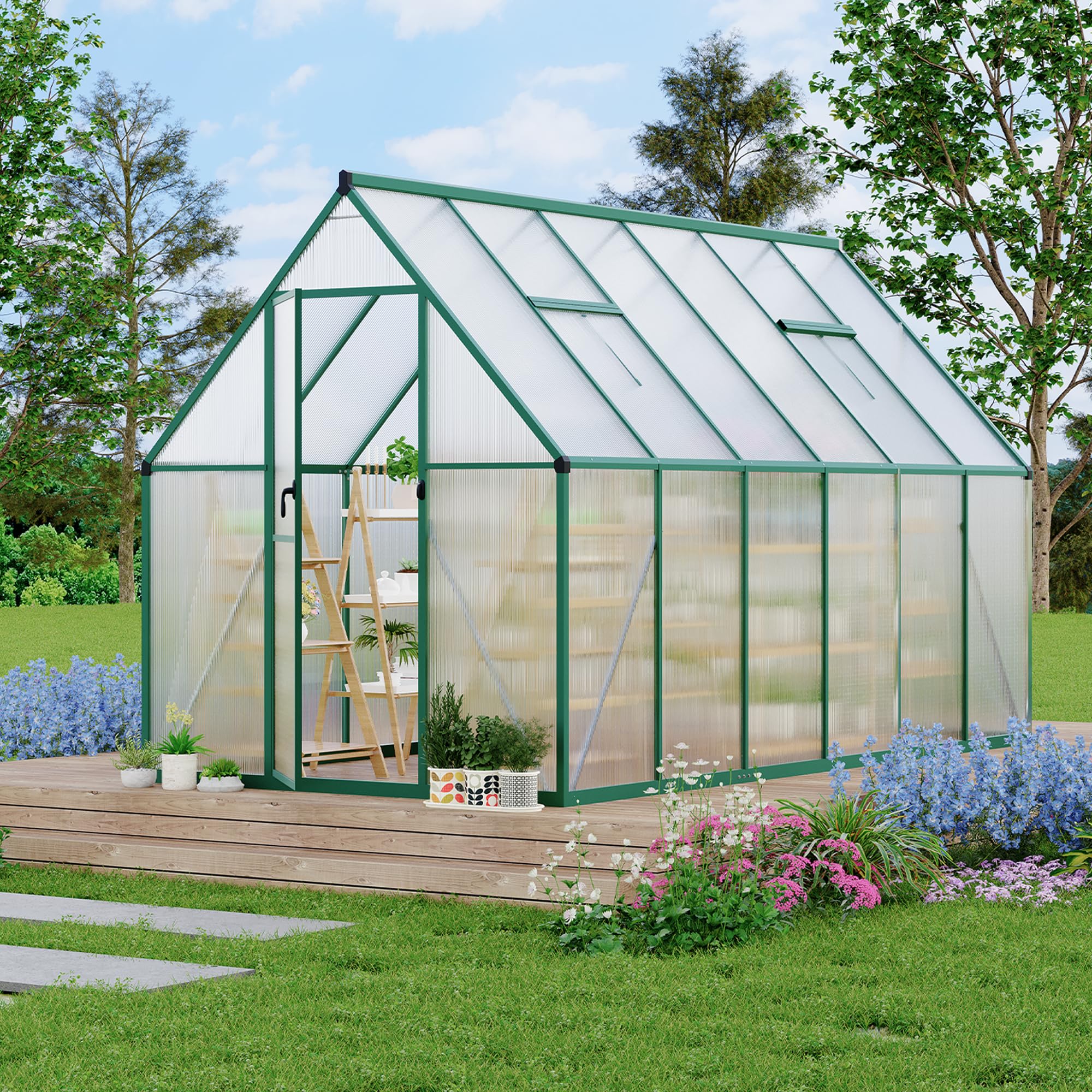 Garvee Heavy Duty Polycarbonate Greenhouse Kit - Large 6x11 FT Walk-In Outdoor Greenhouse with Aluminum Frame, Roof Vent, Quick Setup, Enhanced Winter Plant Protection - Green