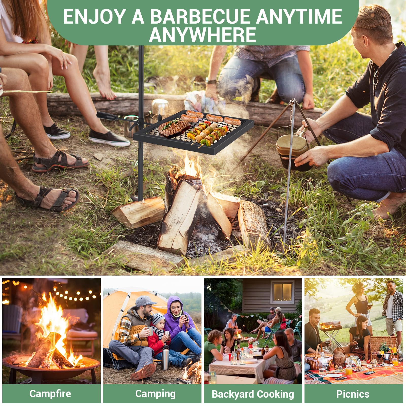 Garvee Alloy Steel Outdoor Grill with 600°F Coating - Heavy-Duty Folding & Freestanding Fire Pit Grates - Complete Accessories Kit - Durable, Portable, Versatile for Camping & Backyard