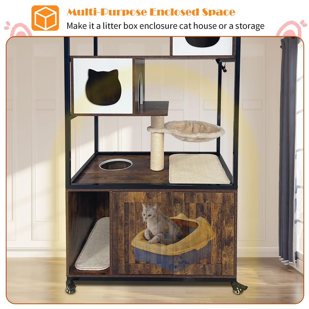 Garvee Cat Litter Box Enclosure Hidden Litter Box Multi-Level Play Area Durable Particleboard Metal Frame Anti-Tip Kit Wheels Indoor Cat Furniture