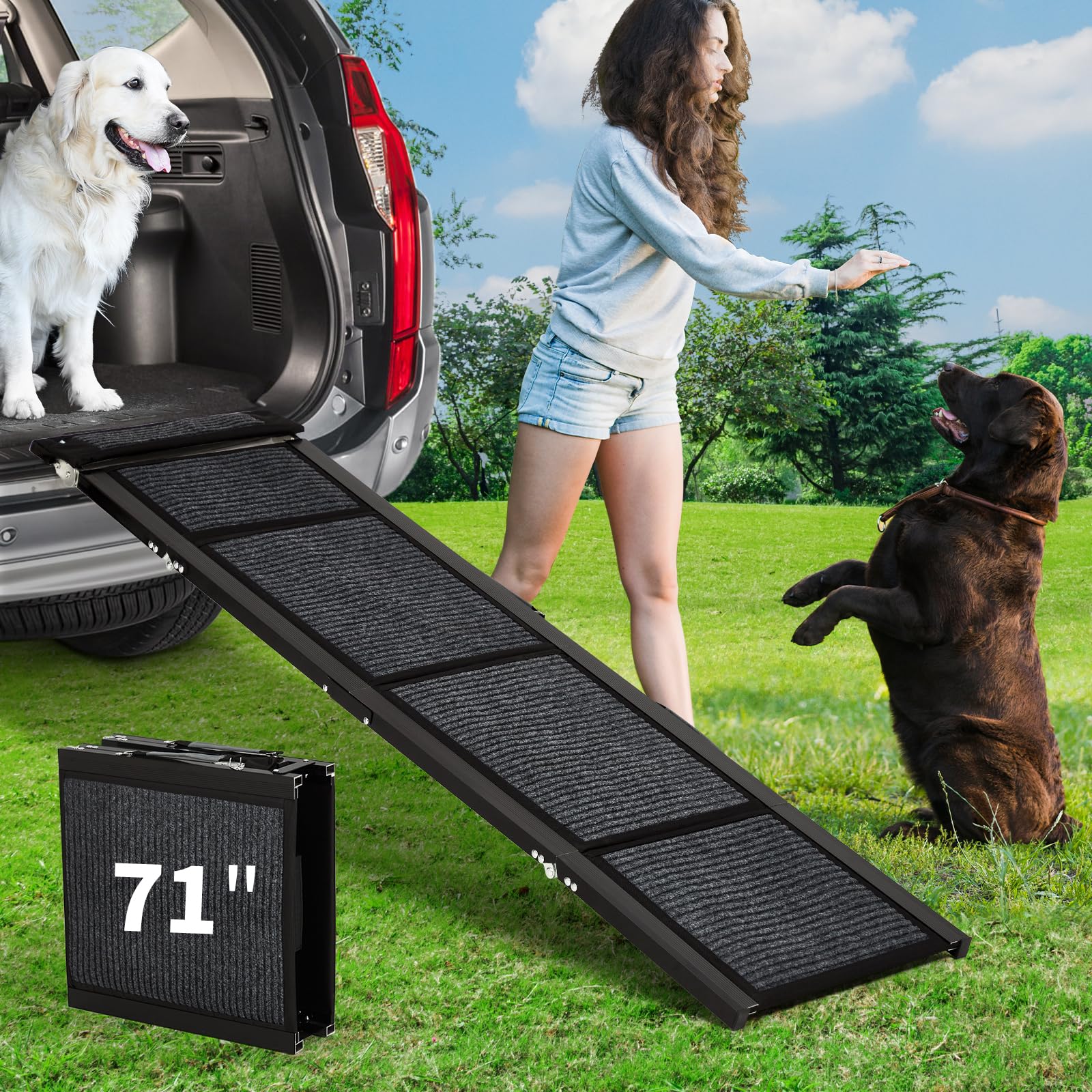 Garvee Heavy Duty Dog Ramp for Cars, 71" x 17" Folding Pet Ramp for Large Dogs with Non-Slip Surface Portable Dog Car Ramp for SUV Car, RVs & Truck, Outdoor Dog Ramp Up to 270 LBS